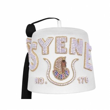 DOI PHA Fez Hat Pure White & Gold Embroidery With Rhinestones (3 Rows as pictured)