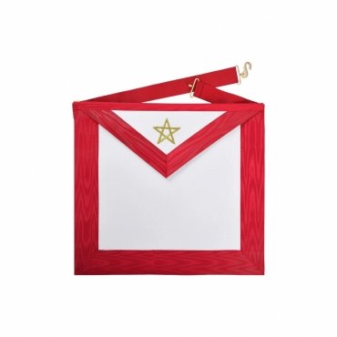 EXCELLENT MASTER ALLIED MASONIC DEGREES APRON - RED MOIRE RIBBON WITH EMBROIDERED GOLD PENTAGRAM